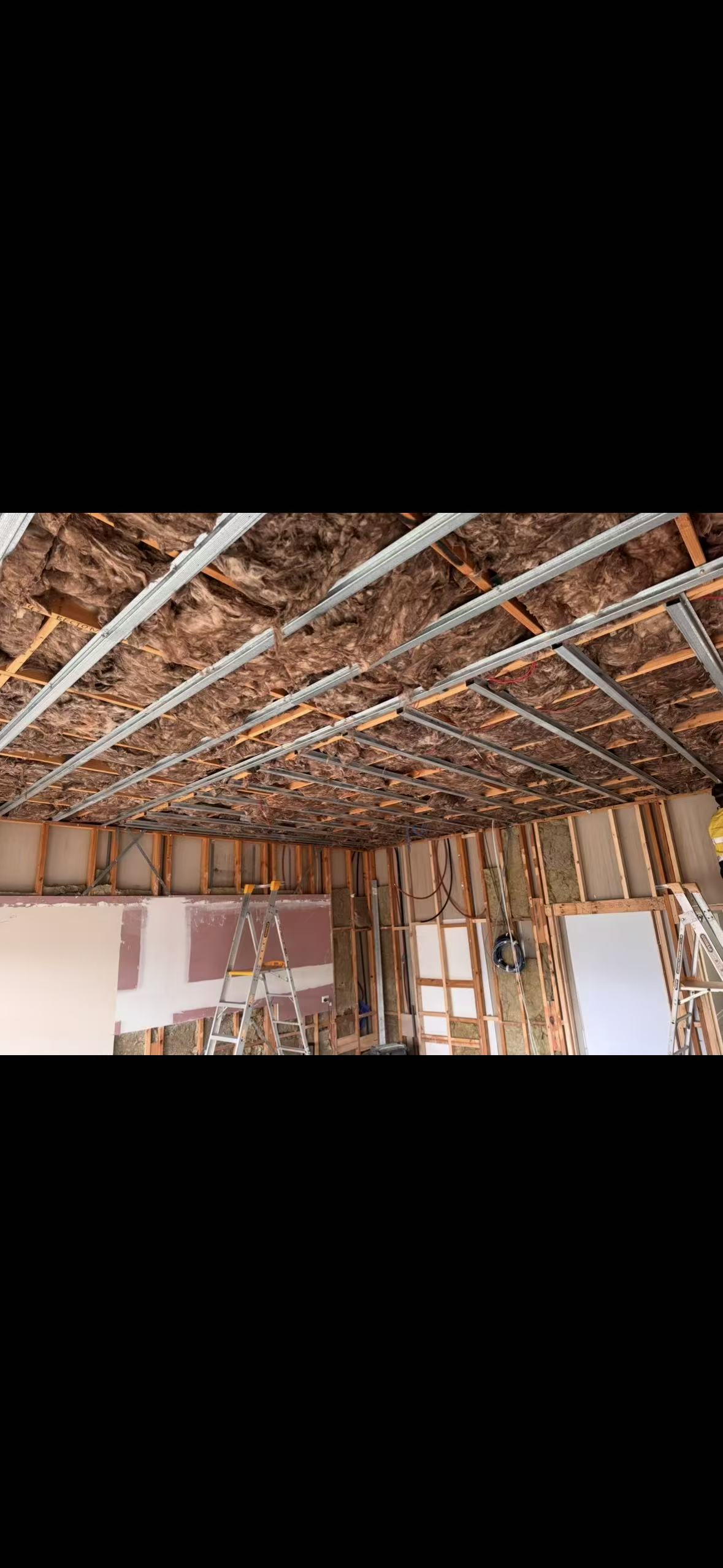 Furring channel ceiling grid with acoustic insulation batts