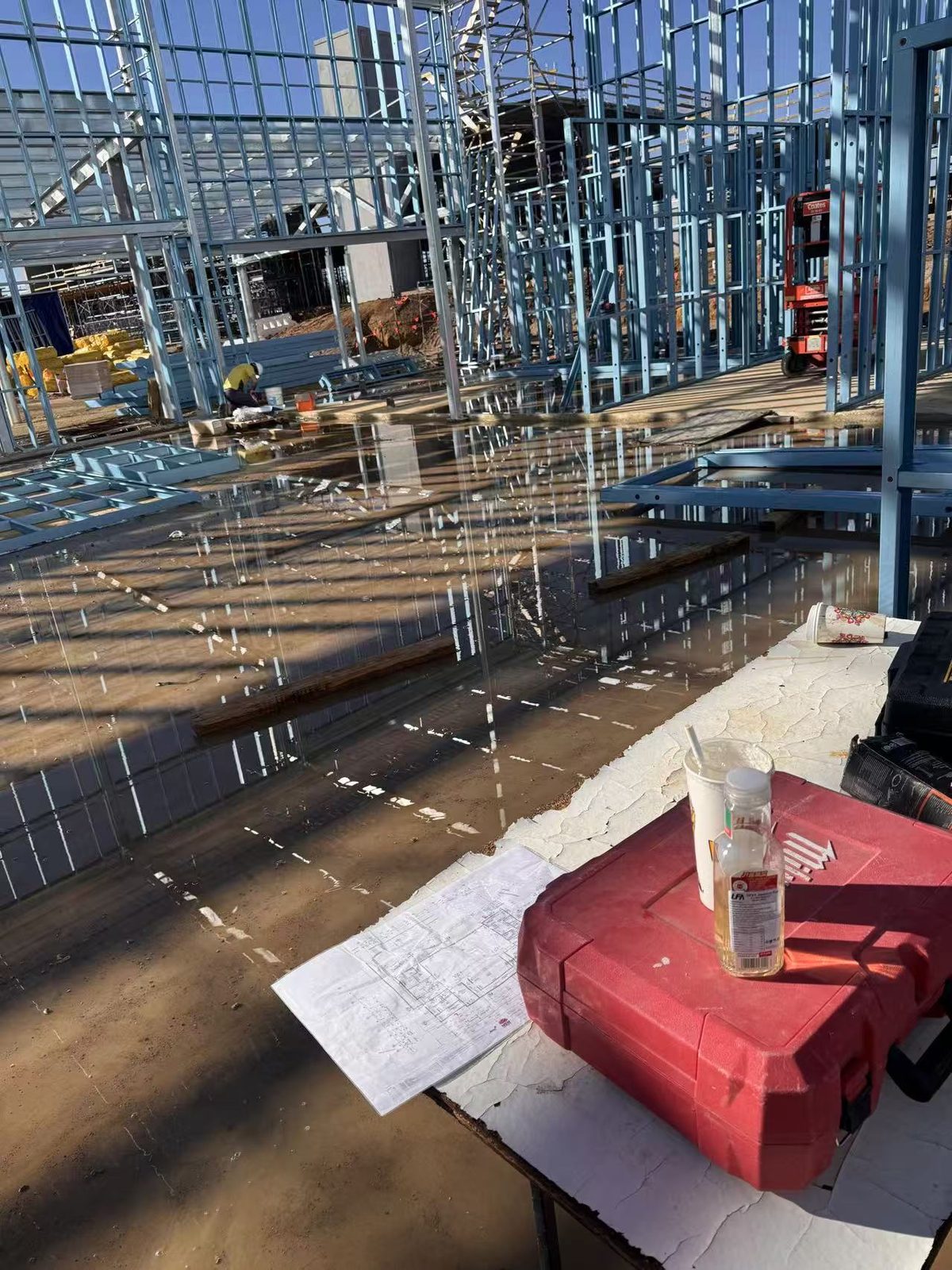Prefabricated steel frames standing on a commercial site
